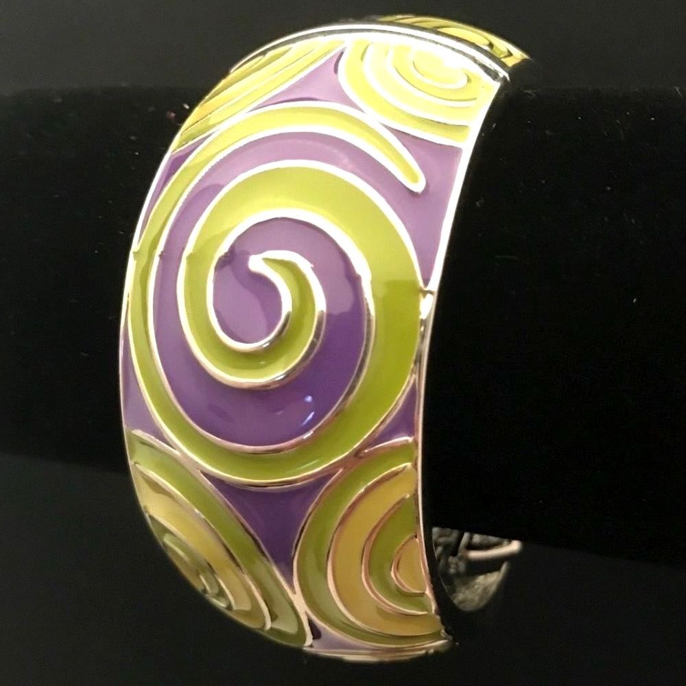 New Statement Bracelet Green Purple Enamel Wide - 8I